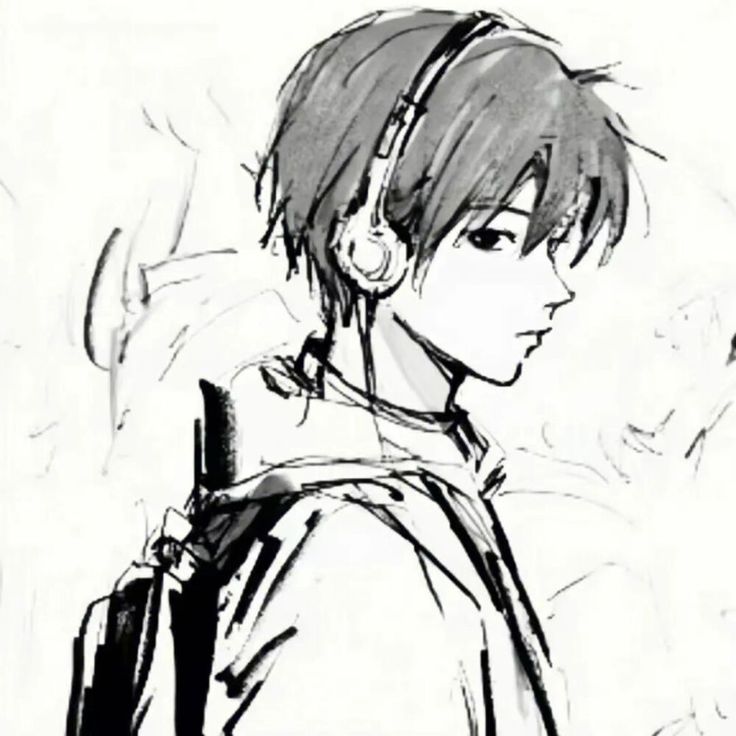 a black and white drawing of a boy with headphones on his ears looking at something