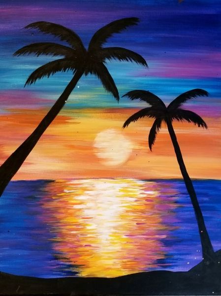 a painting of two palm trees in front of the ocean at sunset with an orange and blue sky