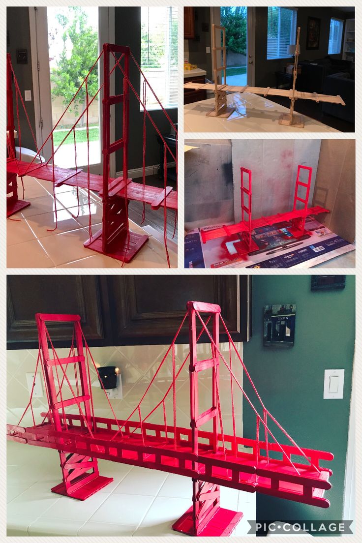 three different views of the golden gate bridge, including construction materials and instructions to build it