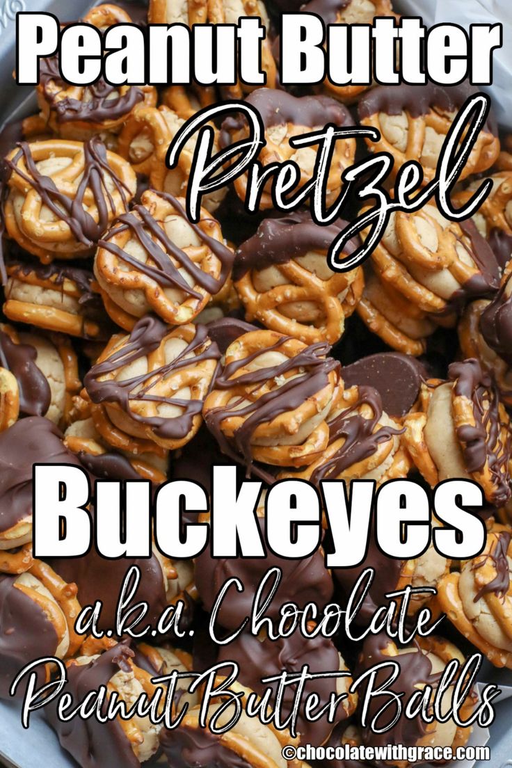 chocolate peanut butter pretzels with text overlay