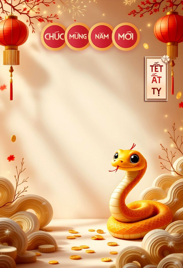 a yellow snake sitting on top of a pile of coins in front of red lanterns