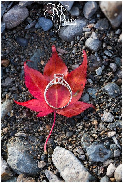 a red leaf laying on the ground with a wedding ring in it's middle