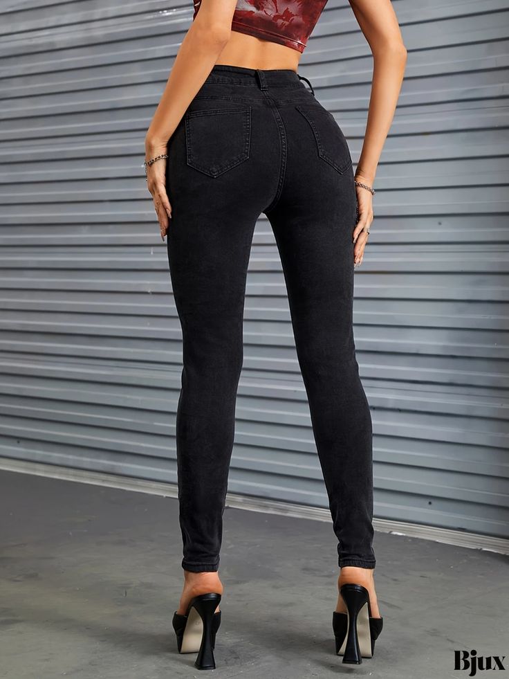 Bjux - Womens High-Stretch Denim Pants with Ripped Holes, Slim Fit and Slant Pockets - Black Skinny Jeans, Stylish Denim Apparel Black Slim Stretch Bottoms, High Rise Fitted Jeggings With Zipper Closure, Fitted High-rise Jeggings With Zipper Closure, High Rise Non-stretch Bottoms With Zipper Closure, High Rise Black Slim Fit Bottoms, High Rise Slim Fit Black Bottoms, Black Slim Fit Denim Bottoms, High Rise Stretch Bottoms With Zip Fly, Trendy Slim Fit Bottoms With Zip Fly