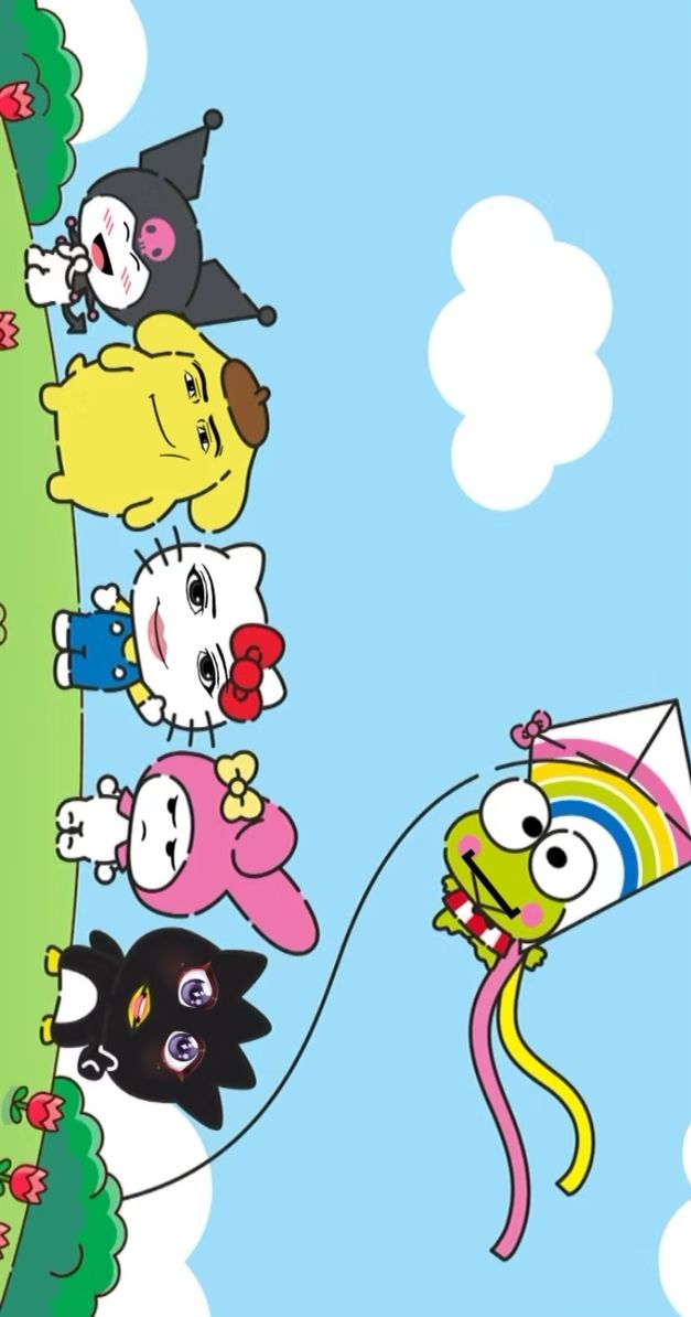 cartoon characters are flying kites in the sky