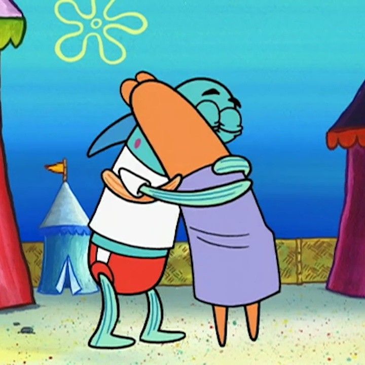 a cartoon character hugging another character in front of a tent and tents on the beach