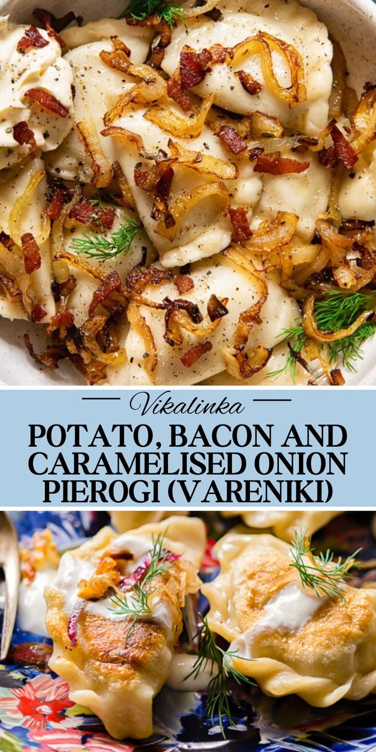 potato and bacon ravioli with parmesan sauce in a white bowl on a colorful tablecloth