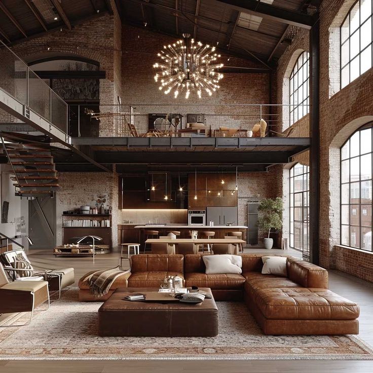 a living room filled with lots of furniture next to large windows and a spiral staircase