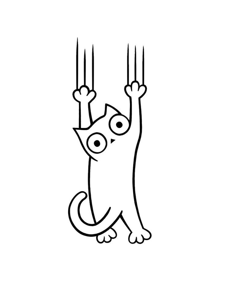 a black and white drawing of a cat hanging upside down from the ceiling with two legs