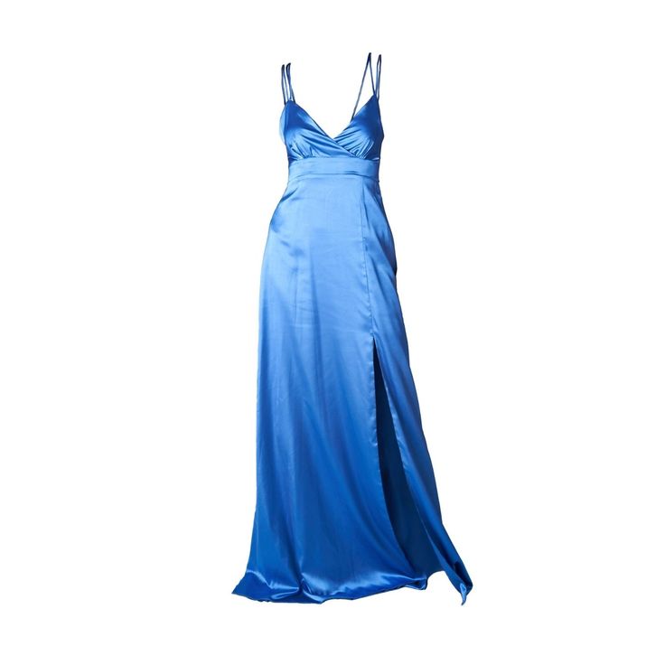 Elegant Blue Evening Dress With Spaghetti Straps, Elegant Blue Slip Dress With Fitted Bodice, Elegant Blue Maxi Dress With Spaghetti Straps, Elegant Blue Slip Dress For Prom, Elegant Blue Slip Dress For Wedding, Formal V-neck Slip Dress For Prom Season, Formal V-neck Slip Dress For Prom, Blue Evening Slip Dress With Fitted Bodice, Blue Slip Dress For Gala