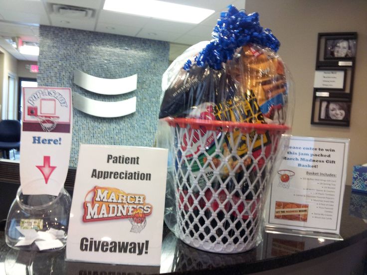 March Madness Giveaway!!! Office Contests For Patients, Dental Giveaway Ideas, March Marketing Ideas, Office Contest Ideas, March Madness Ideas For Work, Marketing Ideas For Dental Office Gift Baskets, Dental Office Giveaway Ideas, Positive Office Referral For Students, Orthodontic Contest Ideas