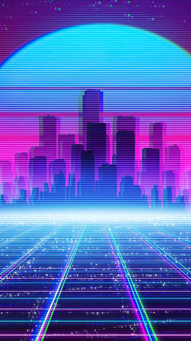 an abstract cityscape with lines and dots in the foreground, as if it were from a retro video game