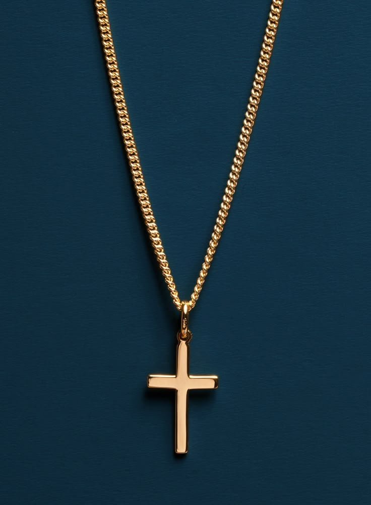 "Vermeil Gold Cross on 14k Gold Filled Curb Chain BY WE ARE ALL SMITH $169.00 Minimalist Vermeil Gold Cross Pendant on 14K Gold Filled Rope Chain. Cross: Vermeil Gold Chain: 14K Gold FILLED Cross: 24mm x 13mm Chain: 2 mm Clasp: Lobster Claw Available in 18, 20, 22, 24, 26, 28 and 30 inches (Choose length from drop down menu) Made in the USA About \"Gold Filled Jewelry\": Also called rolled-gold. These jewelry items are not actually filled with gold. They are made of a base metal covered by sheet Joss Mooney, Cross Pendant Men, Mens Cross Necklace, Silver Cross Necklace, Sterling Silver Cross Necklace, Gold Chain Design, Curb Chain Necklace, Sterling Silver Cross Pendant, Mens Gold Jewelry