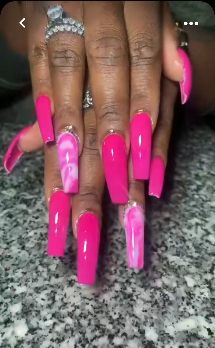 Dark Pink Gel Nail Designs, Hot Pink And Black Nails Acrylic Coffin, Hot Pink Marble Acrylic Nails, Hot Pink With White Nails, Hot Pink Nails Acrylic Coffin, Hot Pink Aesthetic Nails, Barbie Pink Acrylic Nails Short, Black Barbie Nails, Barbie Pink Acrylic Nails Designs