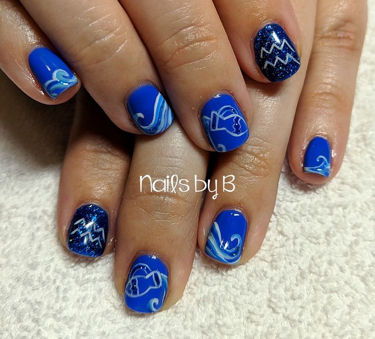 Zodiac Nails Aquarius, Birthday Nails Aquarius, Aquarius Nail Art, Aquarius Nail Designs, Aquarius Nails Designs, Aquarius Birthday Nails, Nails Aquarius, Aquarius Nails, Zodiac Nail Designs