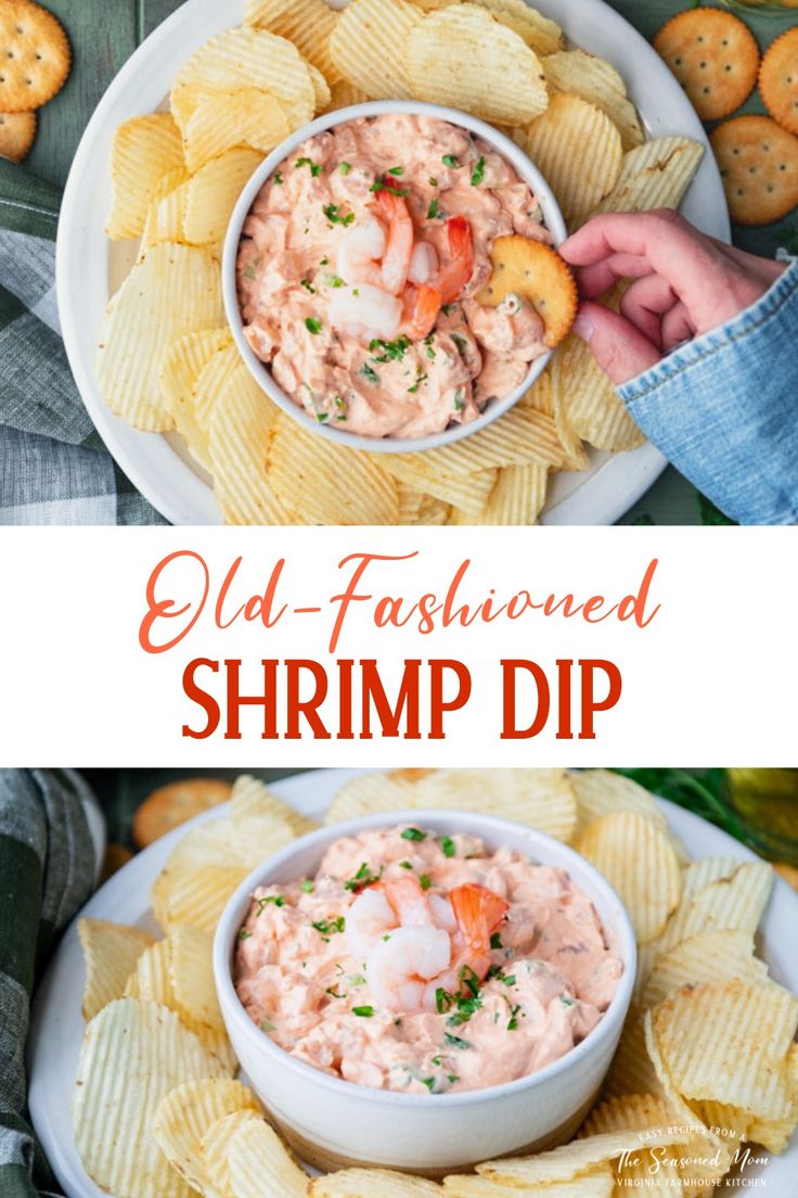 shrimp dip in a bowl with crackers on the side and an image of chips