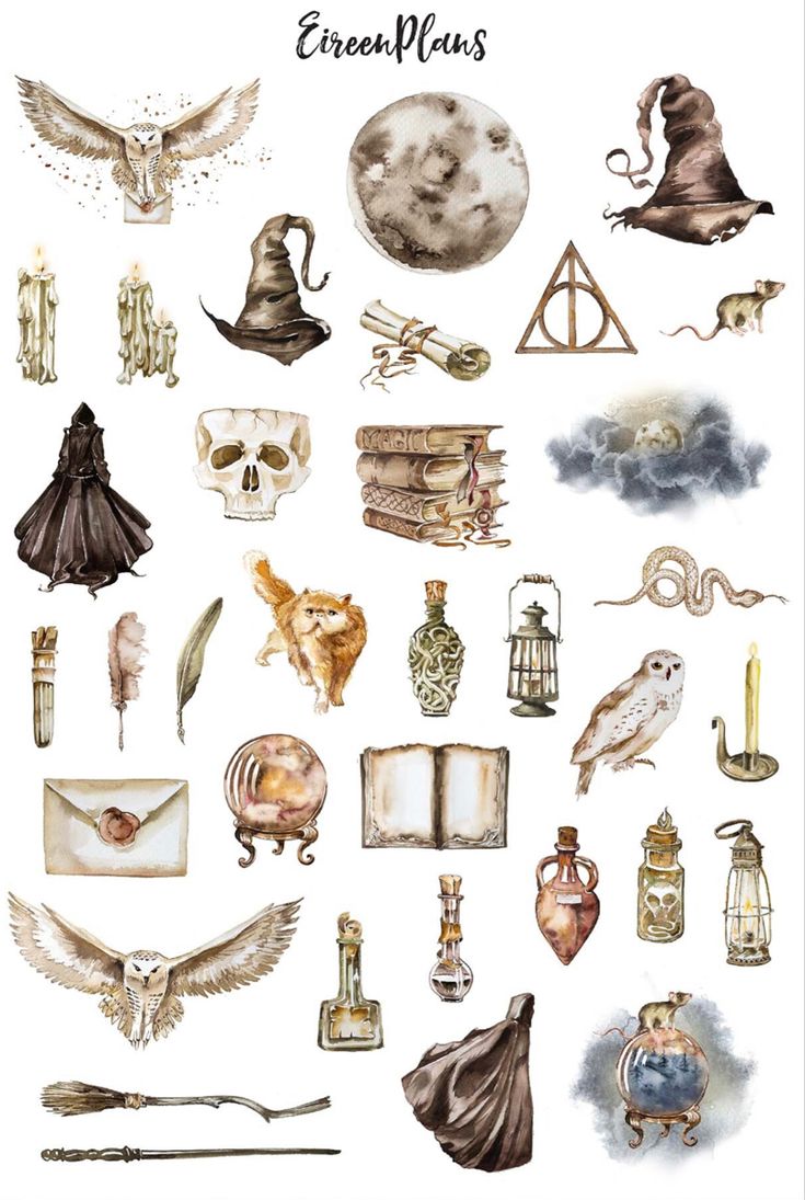 an image of harry potter's hogwarts and hermion items on a white background