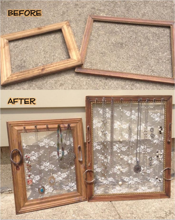 the before and after pictures show how to make an old window frame into a jewelry organizer