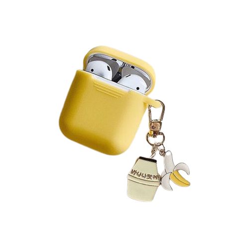 an airpods case with a banana charm hanging from it's front and side