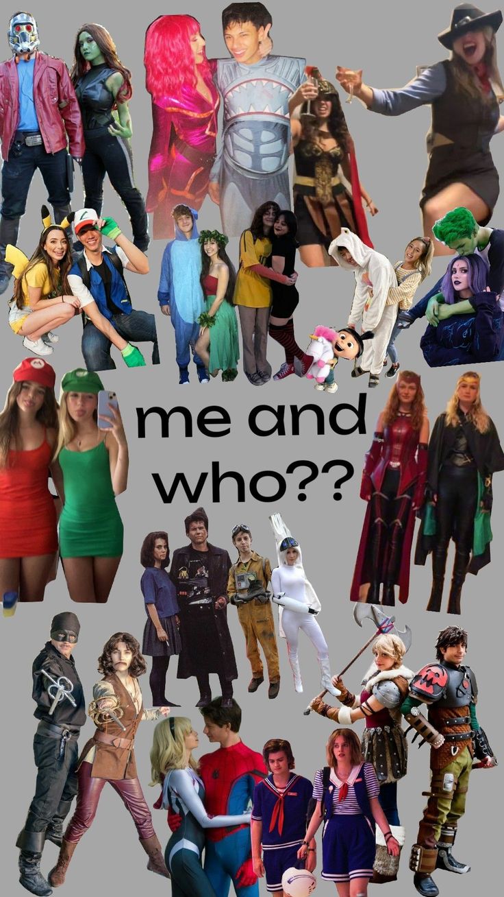 a collage of people dressed in costumes and text that says me and who?