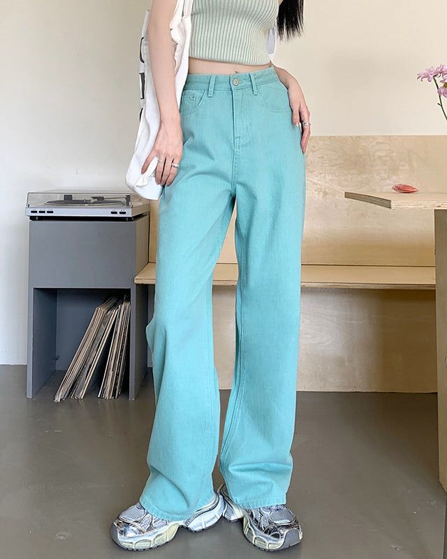 These aesthetic colorful jeans feature a denim construction, a high-rise fit, pockets on the front and back, as well as a front button and zip closure Size: • S: Waist: 64cm/ 25.2 in, Hips: 94cm/ 37.0 in, Length: 103cm/ 40.6 in• M: Waist: 68cm/ 26.8 in, Hips: 98cm/ 38.6 in, Length: 104cm/ 40.9 in• L: Waist: 72cm/ 28.3 in, Hips: 102cm/ 40.2 in, Length: 105cm/ 41.3 in• XL: Waist: 76cm/ 29.9 in, Hips: 106cm/ 41.7 in, Length: 106cm/ 41.7 inMaterial: Denim Green Denim Cargo Jeans For Spring, Trendy Green Straight Leg Cargo Jeans, Green Denim Flare Jeans For Spring, Trendy Green Cotton Flare Jeans, High Rise Green Flare Jeans For Spring, Green Denim Cargo Jeans, High-waist Green Jeans, Trendy Green Mid-rise Jeans, Mid-rise Green Cargo Jeans For Spring