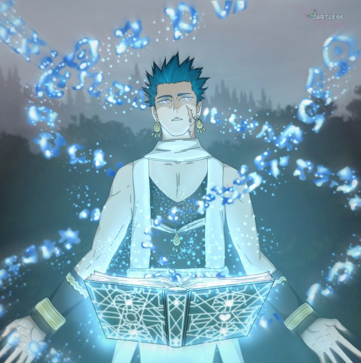 a man with blue hair holding a basket in front of water droplets flying around him