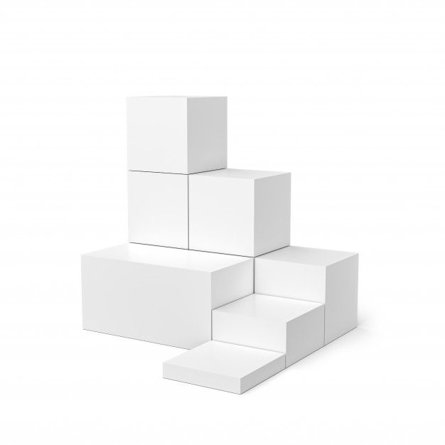 three white boxes stacked on top of each other in the shape of a pyramid, with one box at the bottom