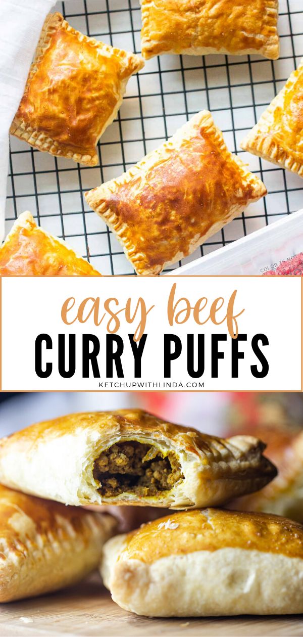 easy beef and cheese puffs with text overlay that says easy beef and curry puffs