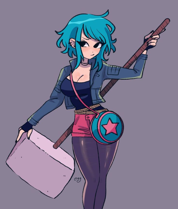 a cartoon character with blue hair holding a drum and carrying a large white container in her hand