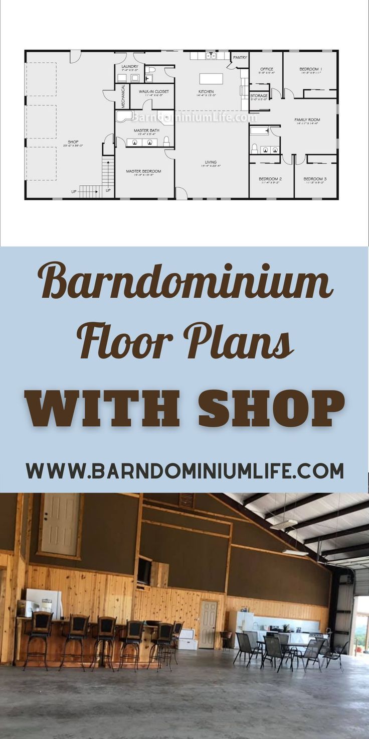 an open floor plan with the words barndominiumn plans with shop below it