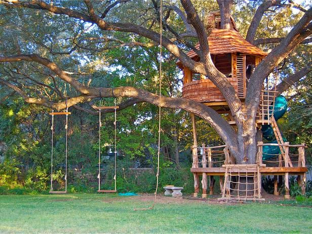 a tree house with swings and a swing set in the middle of a yard under a large tree