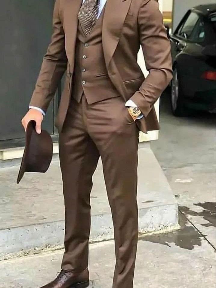 Elegant Brown Three-piece Suit For Groom, Formal Fitted Brown Three-piece Suit, Brown Fitted Tuxedo Suit, Brown Three-piece Suit With Notch Lapel For Wedding, Brown Notch Lapel Three-piece Suit For Wedding, Brown Tuxedo Suit For Groom, Formal Brown Blazer For Wedding, Brown Three-piece Suit For Groom, Brown Three-piece Suit For Wedding