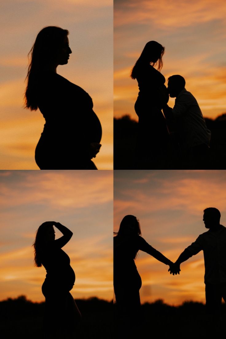 the silhouettes of two people holding hands in front of an orange and blue sky