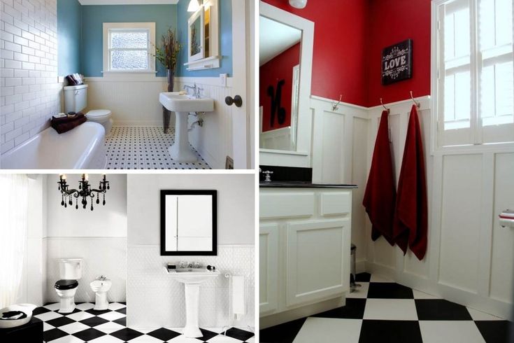 four different bathrooms with black and white checkered flooring, red walls, and windows