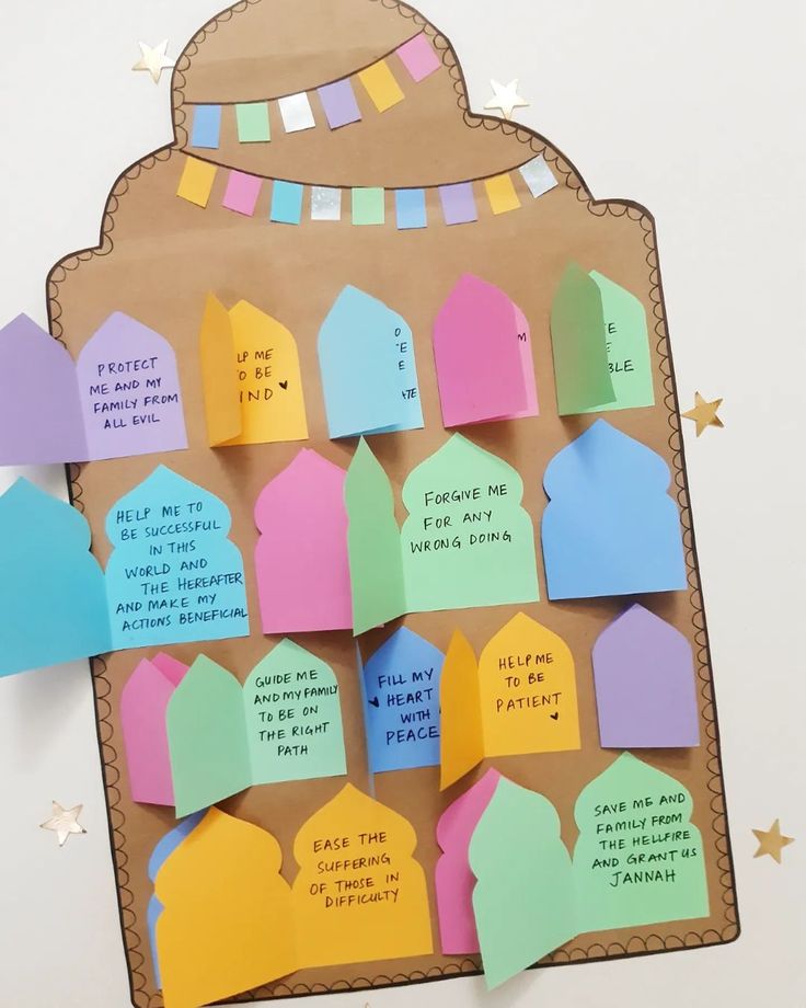 a bulletin board with post - it notes attached to it's sides and colorful paper houses on top