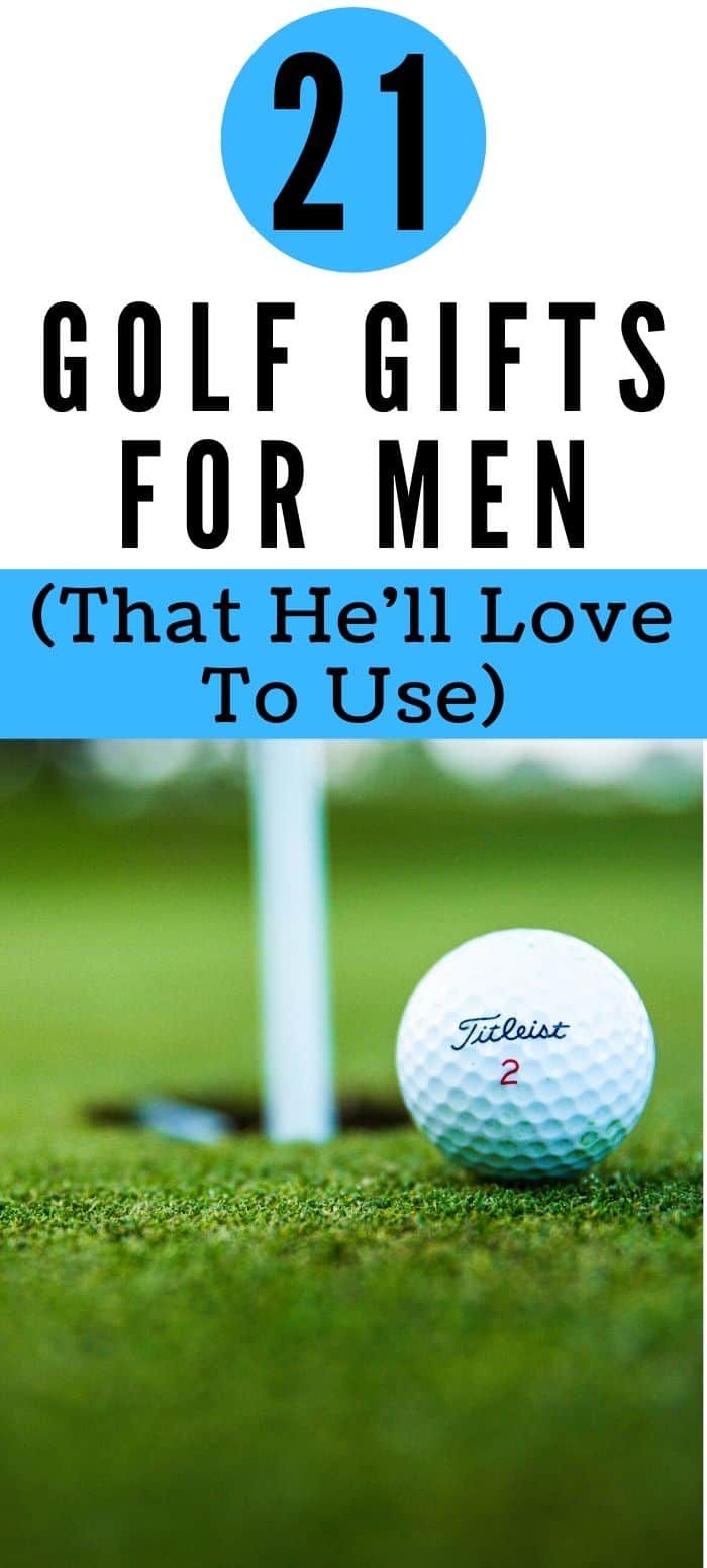 a golf ball sitting on top of a green field next to a white tee with the words 21 golf gifts for men that he'll love to use