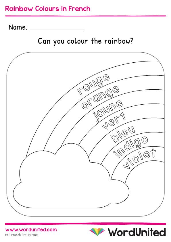 the rainbow colors in french worksheet for kids to learn how to write and color