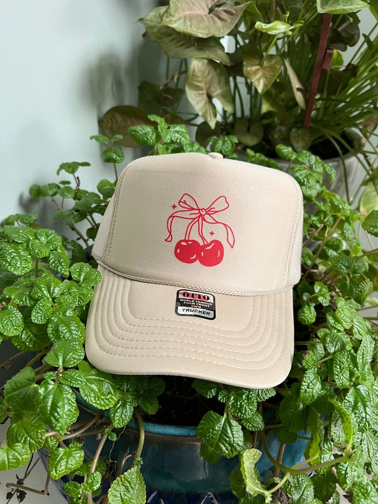 Cherry trucker hat! Foam trucker hats. The only canvas color is the tan. Cute Trucker Hats, Clare V, Bee Crafts, Clare V., Cute Hats, Cold Season, Embroidered Sweatshirts, Trucker Hats, Trucker Hat