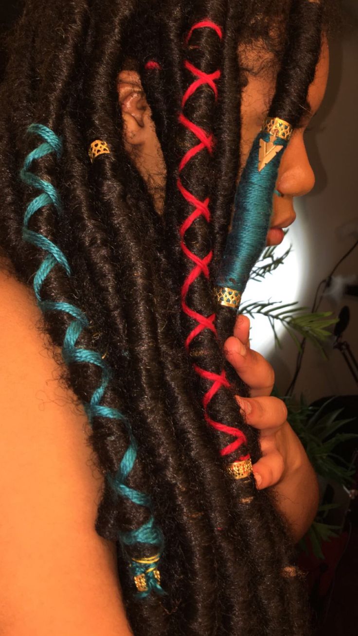 Faux Locs Decorations, Faux Loc Jewelry, Decorated Faux Locs, Yarn Wrapped Locs, Hair With Yarn Braided Into It, Yarn On Locs, Faux Locs Jewelry, Unique Loc Hair Colors, Faux Locs With Jewelry