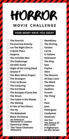 a red and black striped checklist with the words horror movie challenge on it's side