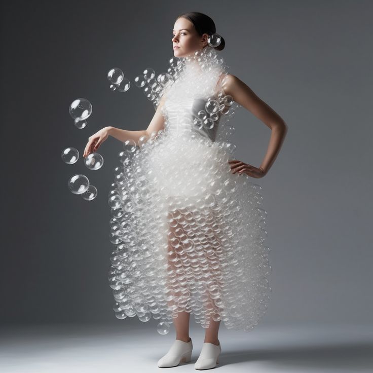 The Bubble Dress: this transparent dress is made up of interconnected plastic bubbles, giving a futuristic and peculiar look. Sculptural Textiles, Bubble Fashion, Bubble Outfit, Junk Kouture, Study Outfit, Unconventional Fashion, Bubble Clothes, Wearable Sculpture, Plastic Fashion