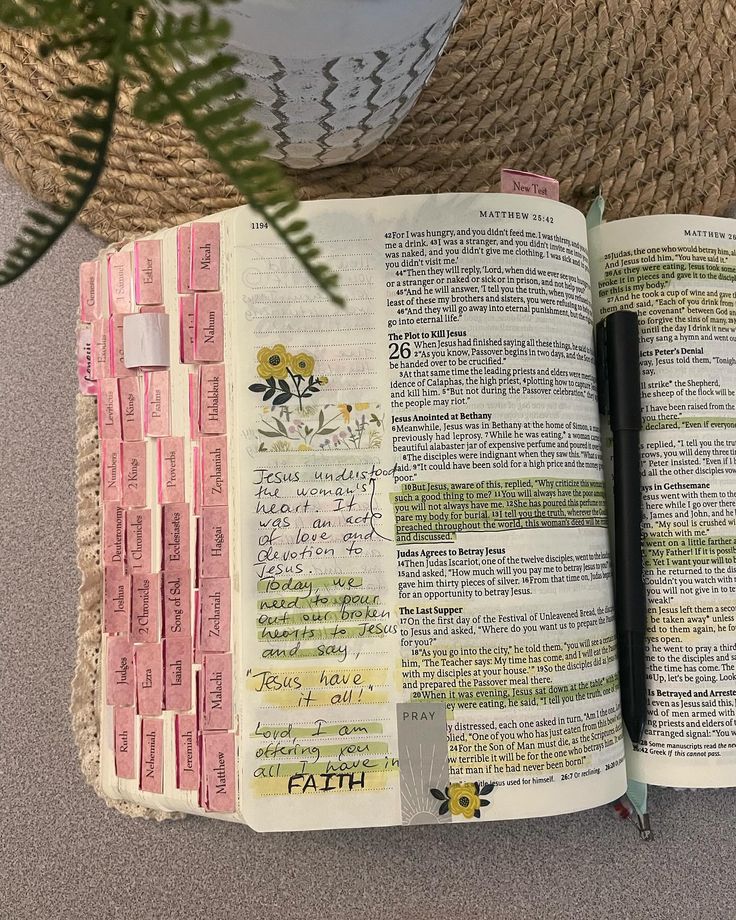 an open bible with writing on it next to a potted plant