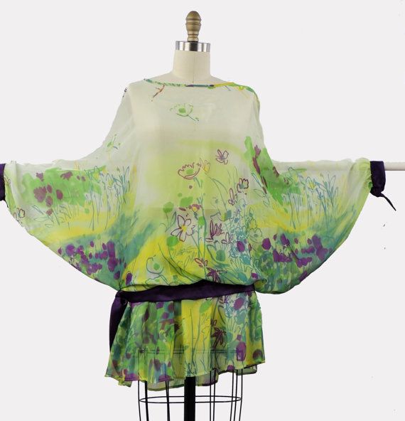 floral printed silk chiffon batwing top by AlexandraZvi on Etsy, $160.00 Long Sleeve Silk Chiffon Summer Top, Summer Long Sleeve Silk Chiffon Tops, Long Sleeve Silk Chiffon Tops For Summer, Summer Oversized Silk Blouse, Silk Chiffon Summer Tops, Oversized Silk Tops For Summer, Green Silk Blouse With Floral Print, Green Floral Silk Blouse, Spring Green Blouse With Batwing Sleeves