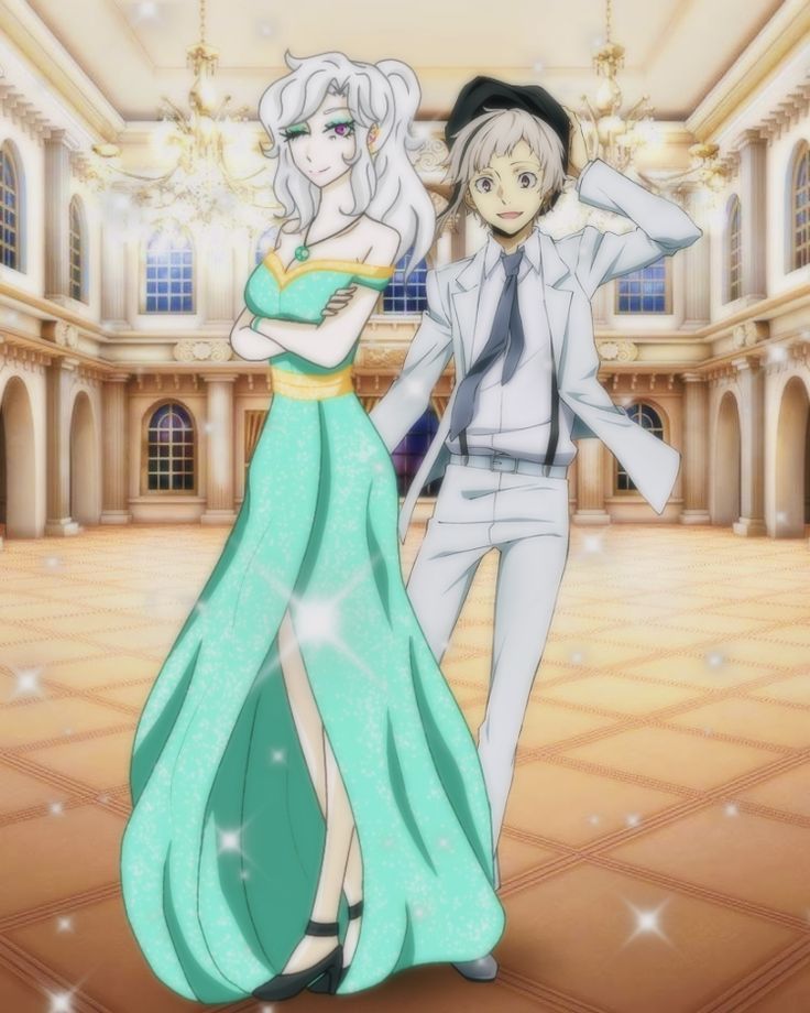 two anime characters are standing in an empty room with chandeliers on the ceiling