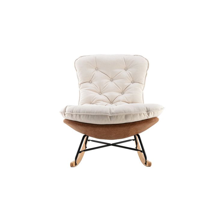 a white chair with a wooden frame and cushion on the backrest, against a white background