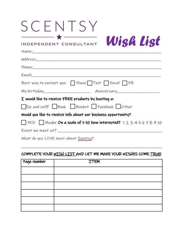 a wish list for someone to write in their own writing form, with the words wish list written on it