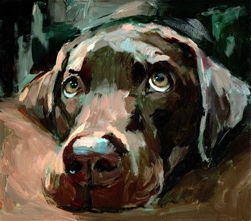 a painting of a brown dog laying down