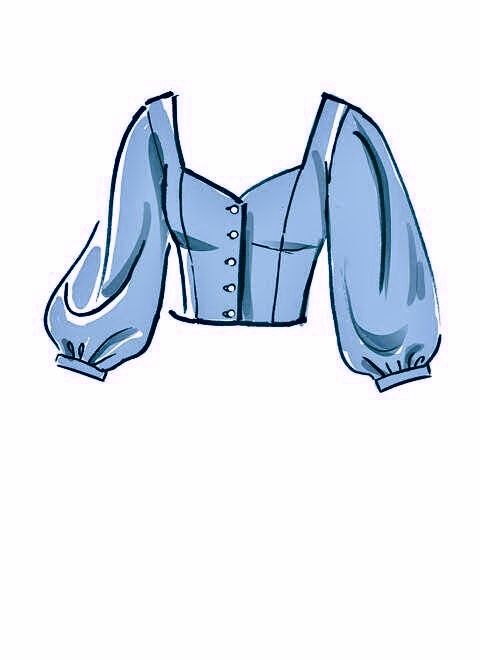 a drawing of a cropped top with buttons on the front and sleeves, in blue