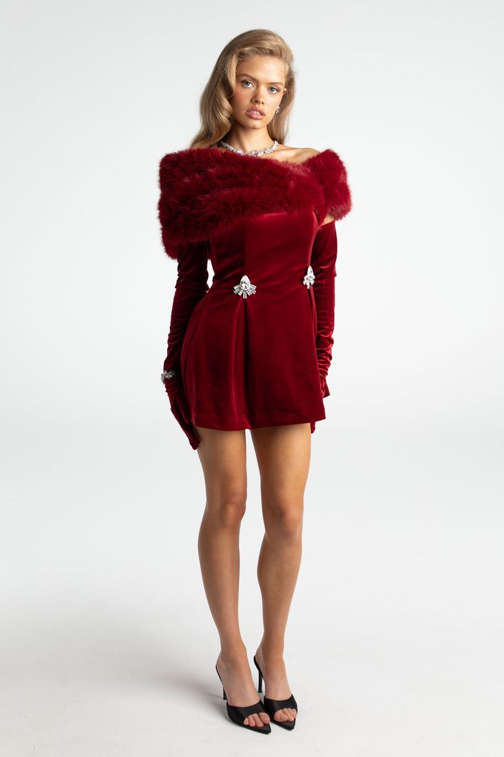 Simone Velvet Dress (Red) – Nana Jacqueline Mini Fur Dress, Nana Jacqueline, Removable Collar, Red Velvet Dress, Collar Designs, Faux Fur Collar, Dress Red, Chic Dress, Fur Collars