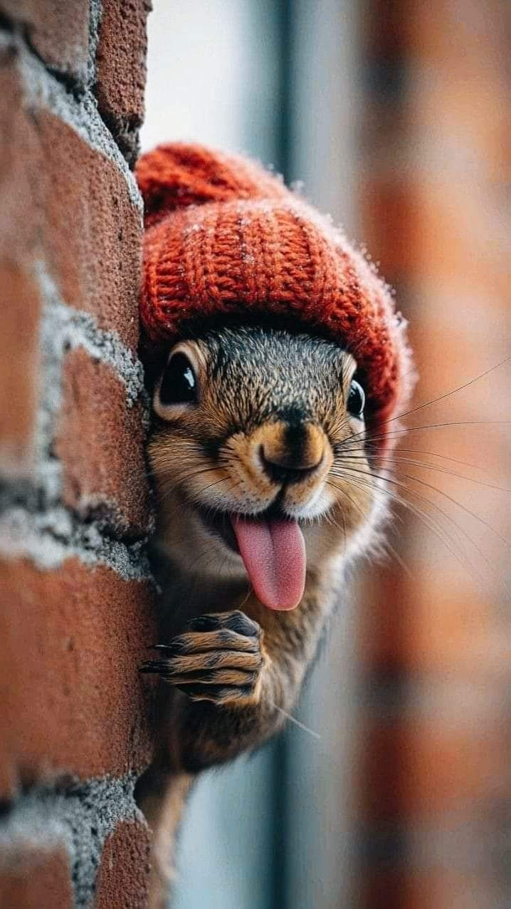 a squirrel wearing a red knitted hat sticking its tongue out from behind a brick wall