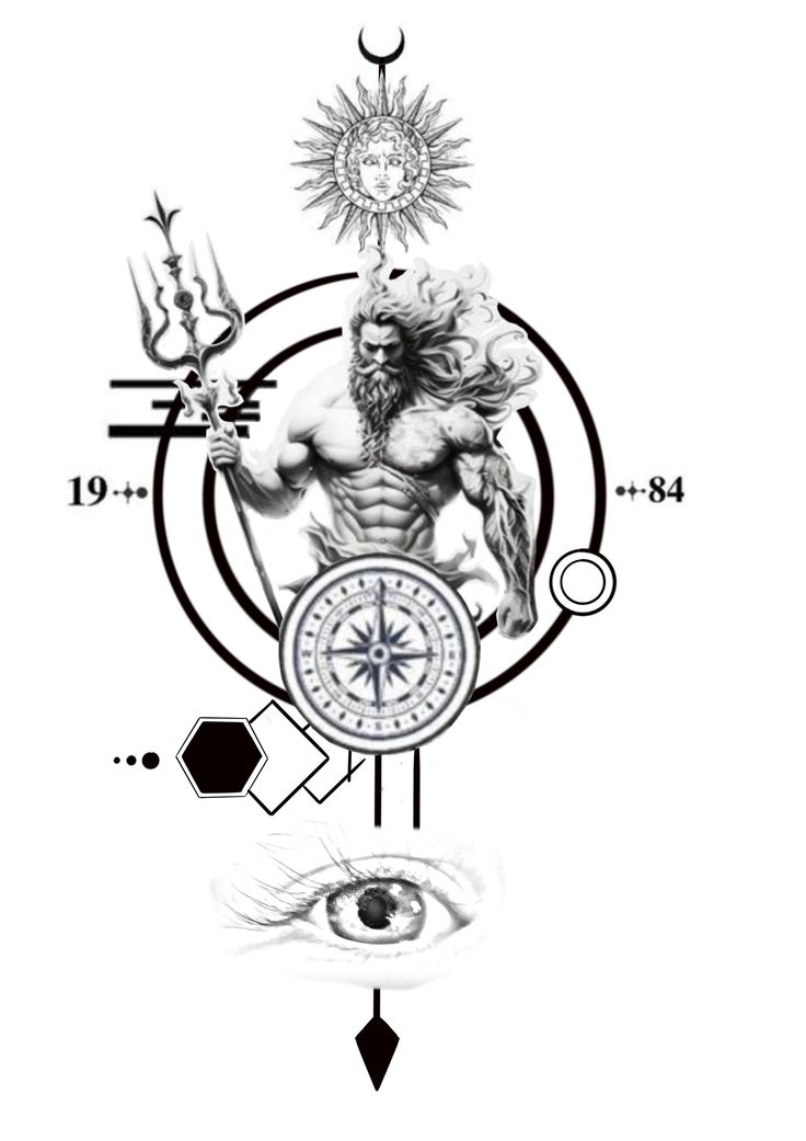 an image of a man holding a compass in front of his face and eye with other symbols